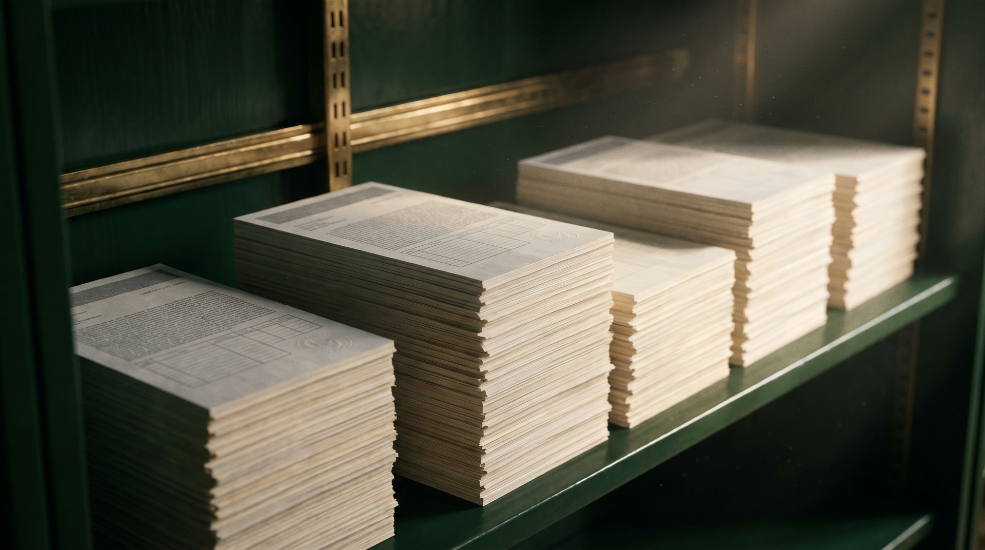 Stacks of official records at different heights on a dark green archive shelf, lit from above.