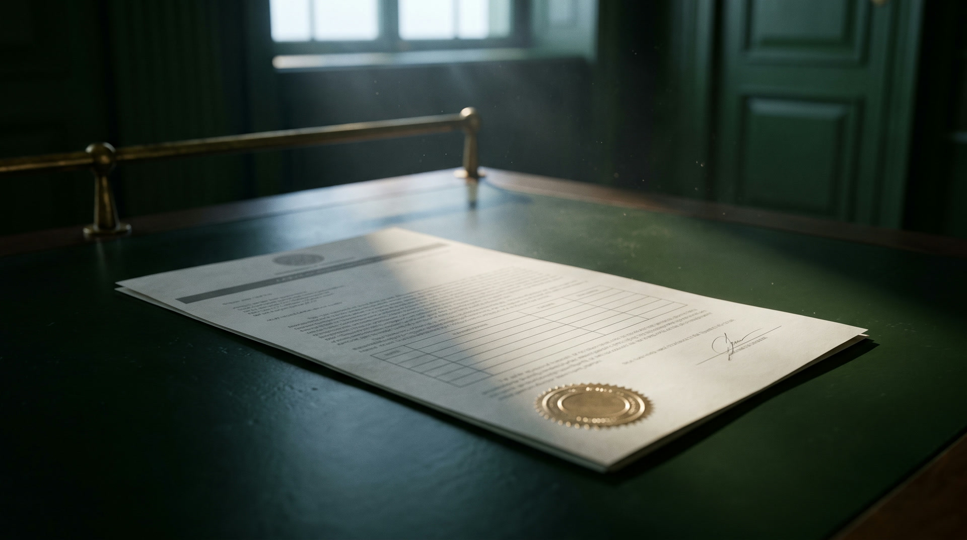 A sealed and signed certificate lying on a dark green desk under a hard line of window light.